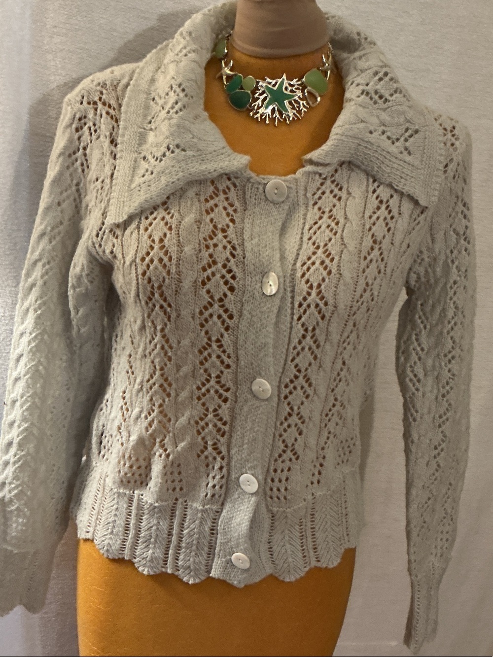 Love By Design Light Gray Openwork Collared Cardigan